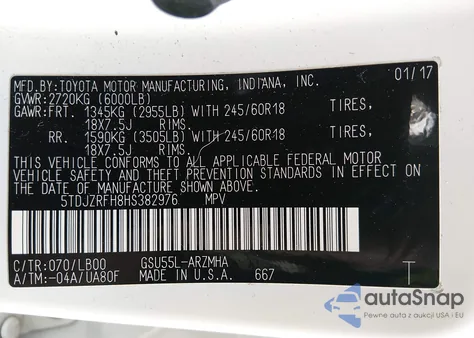 2017 Toyota Highlander Xle z USA, uszkodzony, nr VIN 5TDJZRFH8HS382976